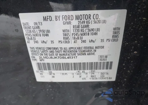 2013 Lincoln Mkx from USA, damaged, VIN 2LMDJ8JK7DBL45317